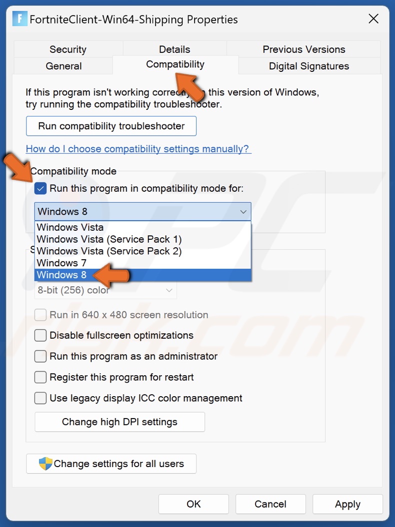 Select the Compatibility tab and Mark the Run this program in compatibility mode for checkbox