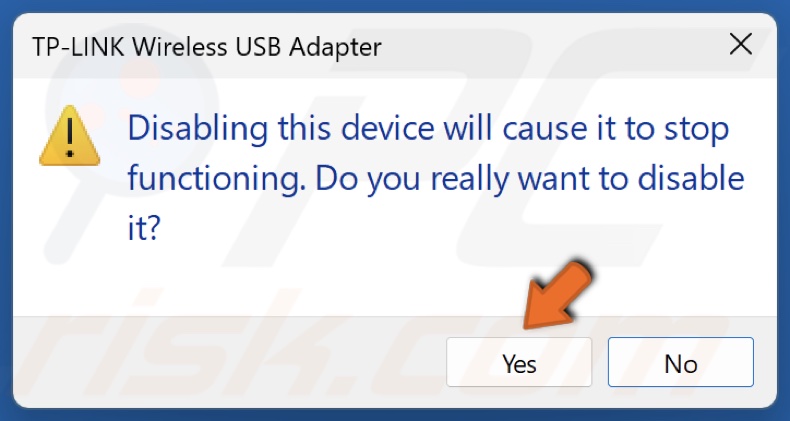 Click Yes when prompted do disable your WiFi adapter