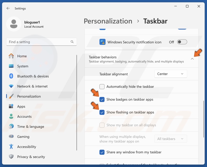 Open the Taskbar behaviors menu and mark Show badges on taskbar apps and Show flashing on taskbar apps checkboxes