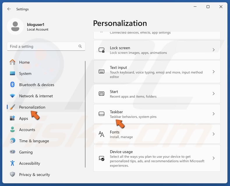 Select the Personalization panel and select Taskbar