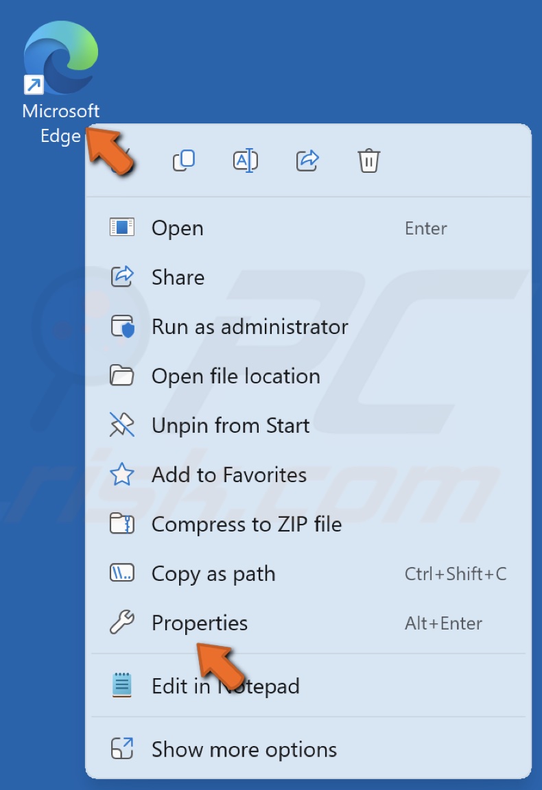 Right-click the Microsoft Edge shortcut and click Properties