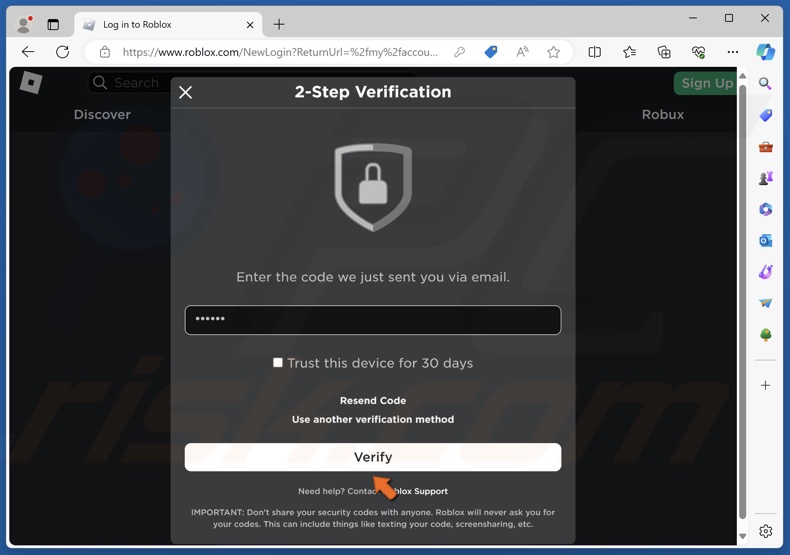 Enter the security code and click Verify
