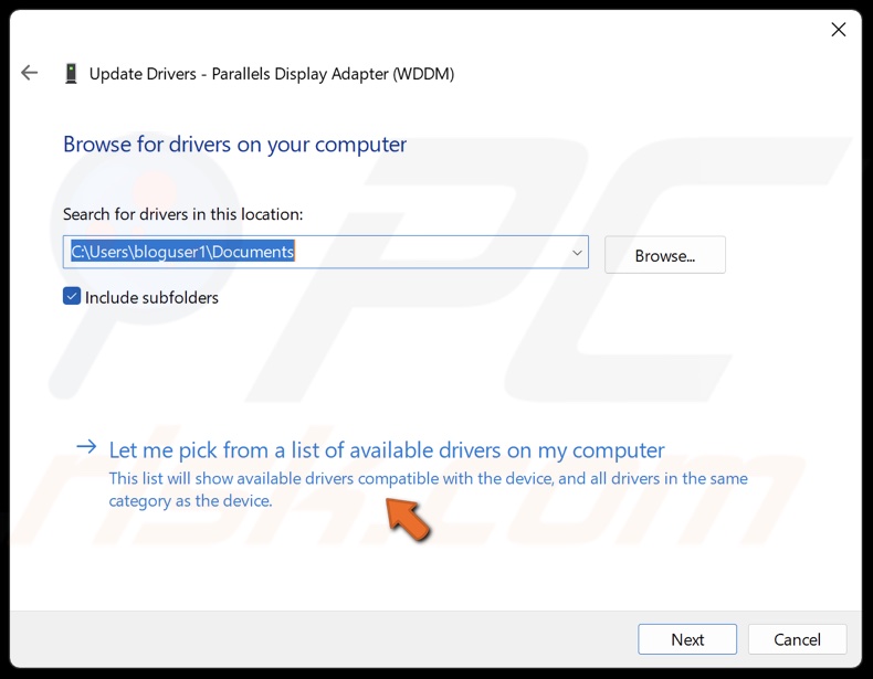Select Let me pick from a list of available drivers on my computer
