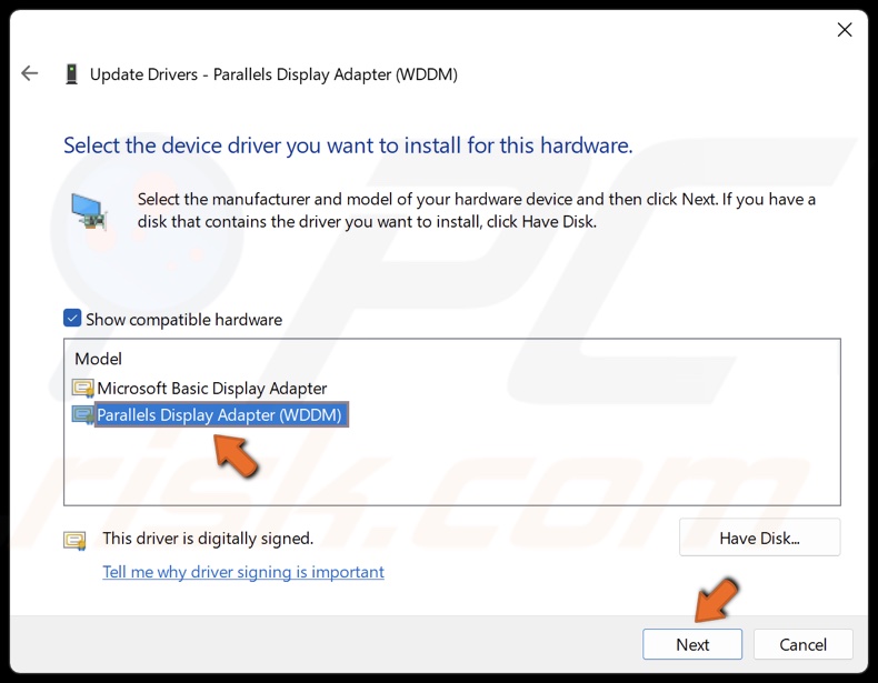 Select a compatible driver and click Next