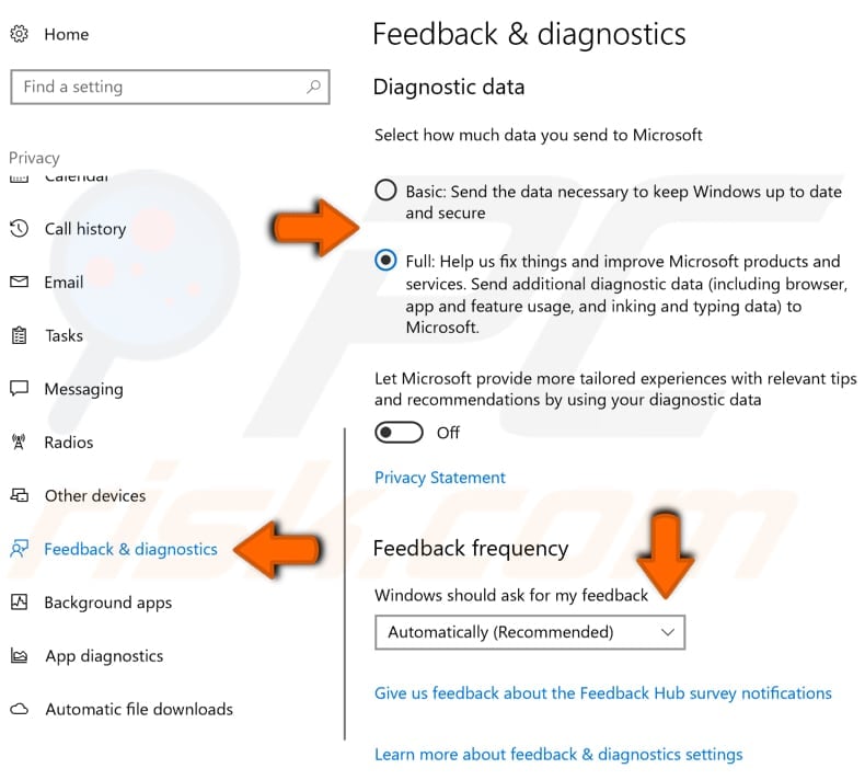 turn off feedback and diagnostics in windows 10