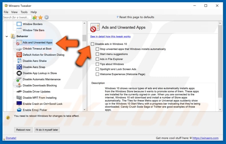 turn off ads with Winaero tweaker step 1