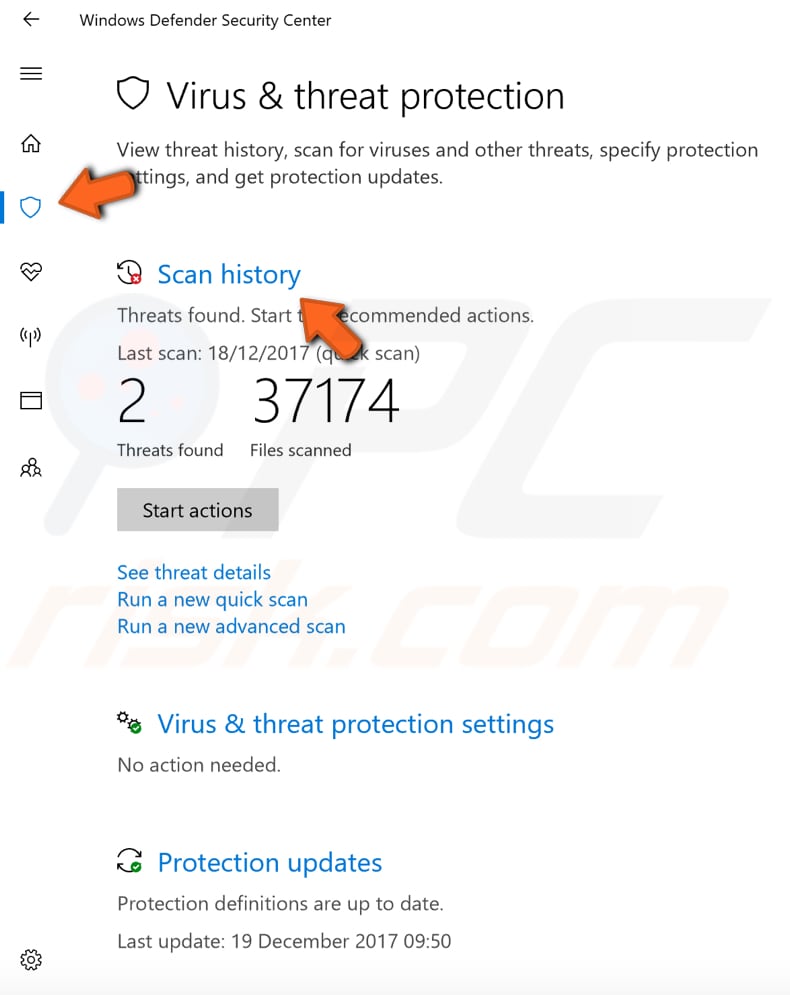 check windows defender scan history and quarantined items step 2