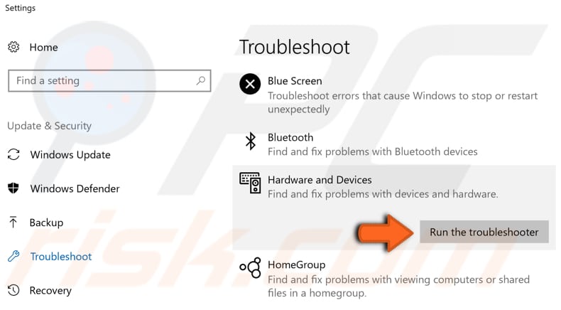 run hardware and devices troubleshooter step 2