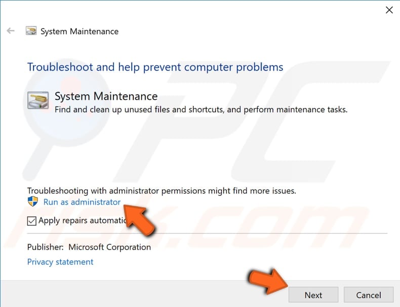 run system maintenance troubleshooter step 3