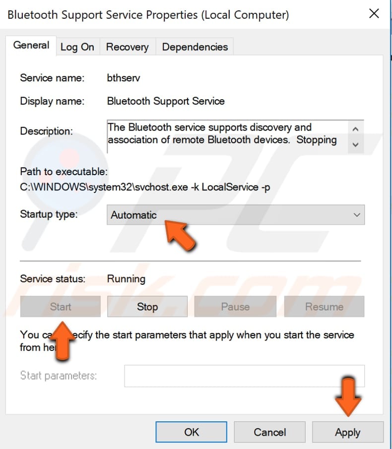 check the bluetooth support service step 3