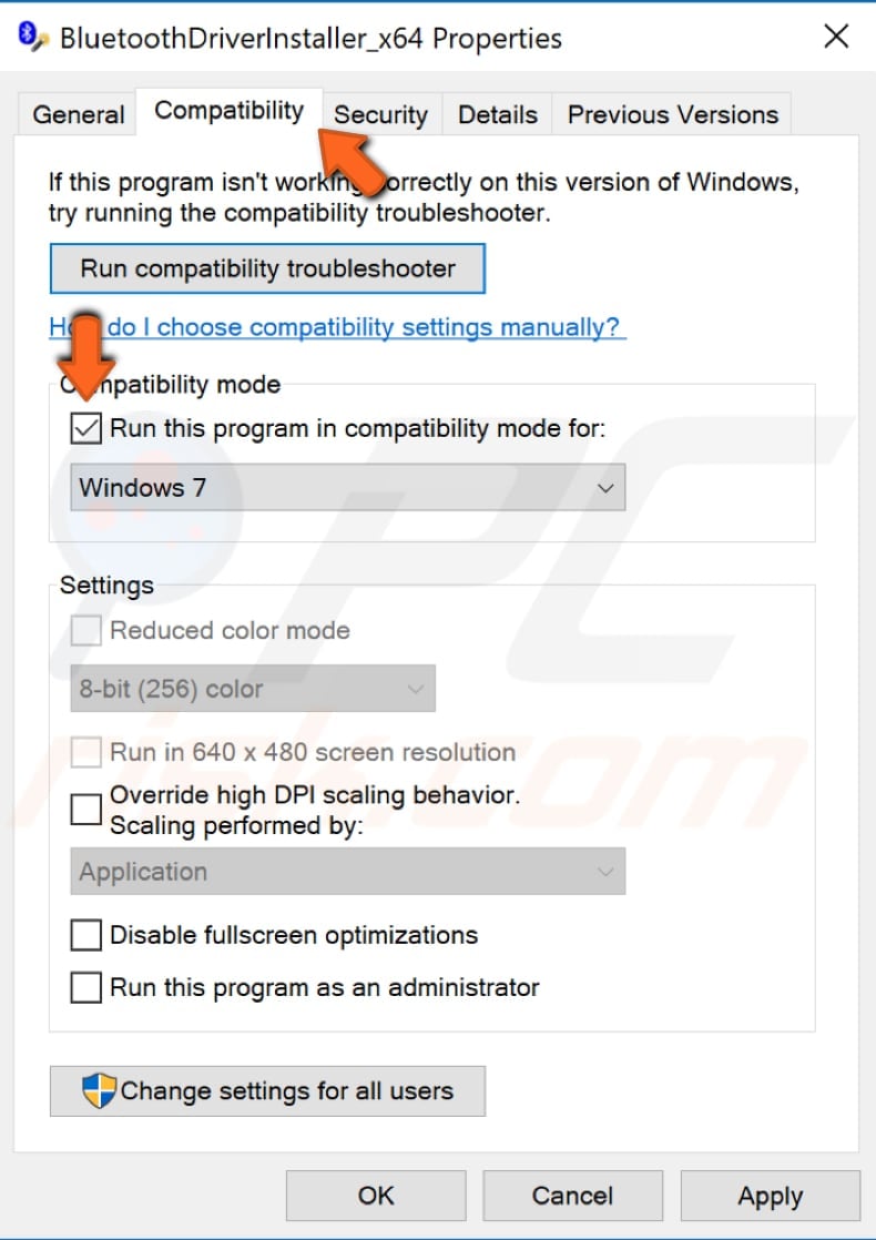 install bluetooth drivers in compatibility mode step 2