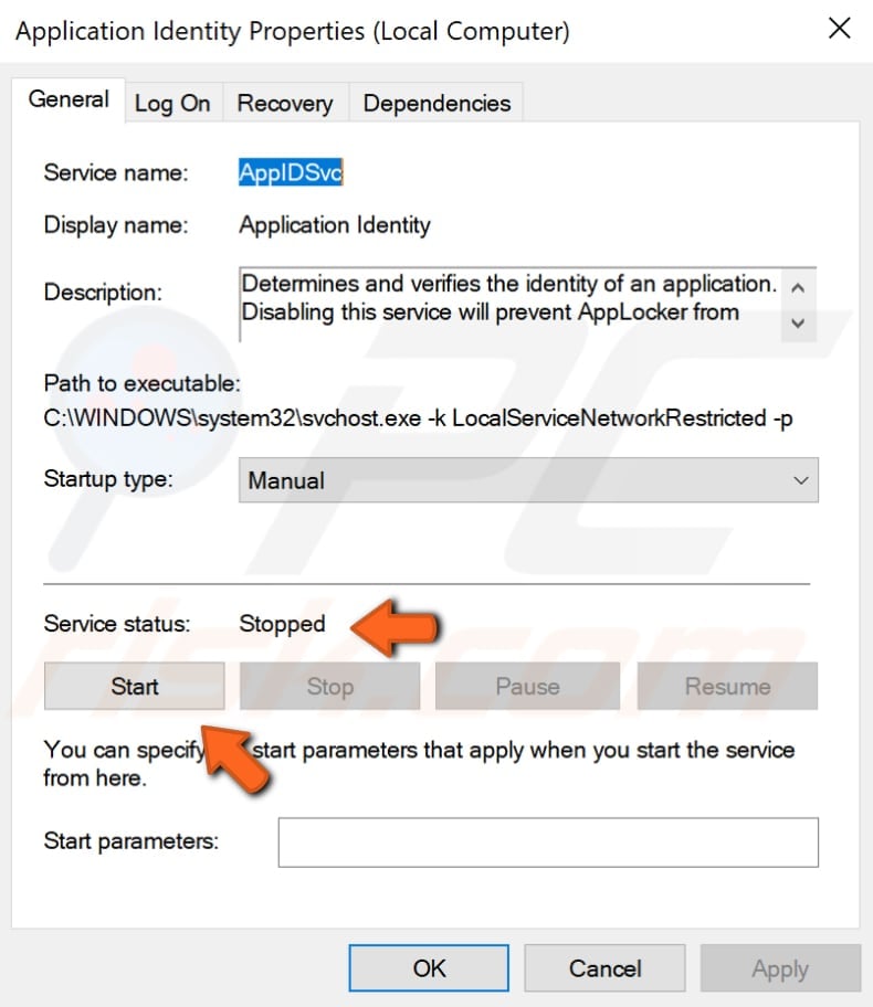 check application identity service status step 4