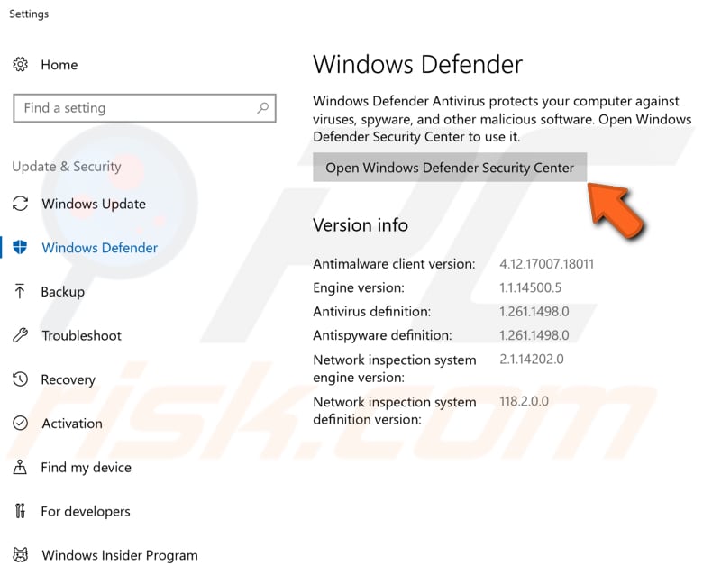 windows defender page not available