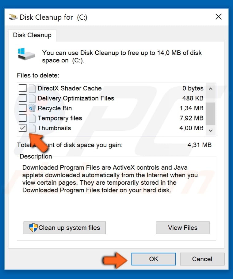remove thumbnails using disk cleanup step 2