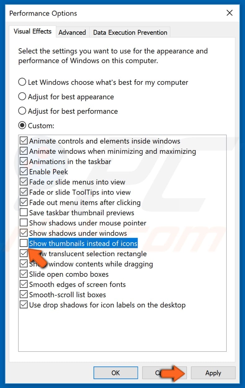 disable thumbnails using file performance options step 3