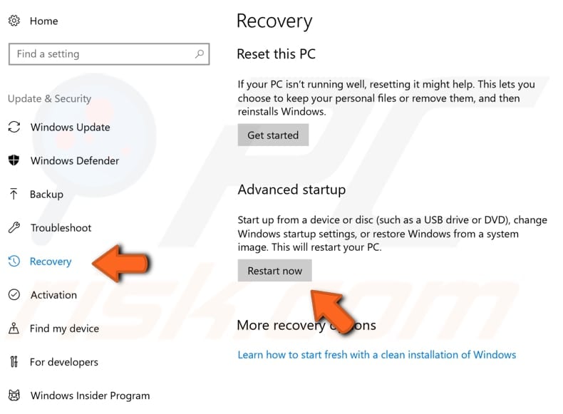 use recovery option in settings step 2