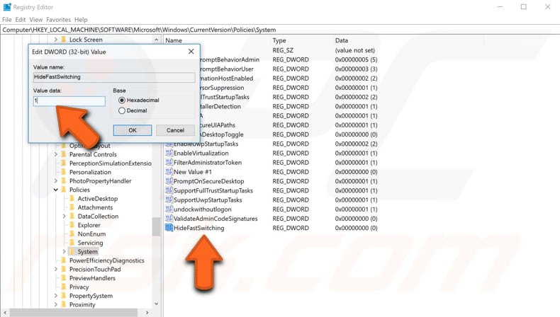 disable fast user switching using registry editor step 4