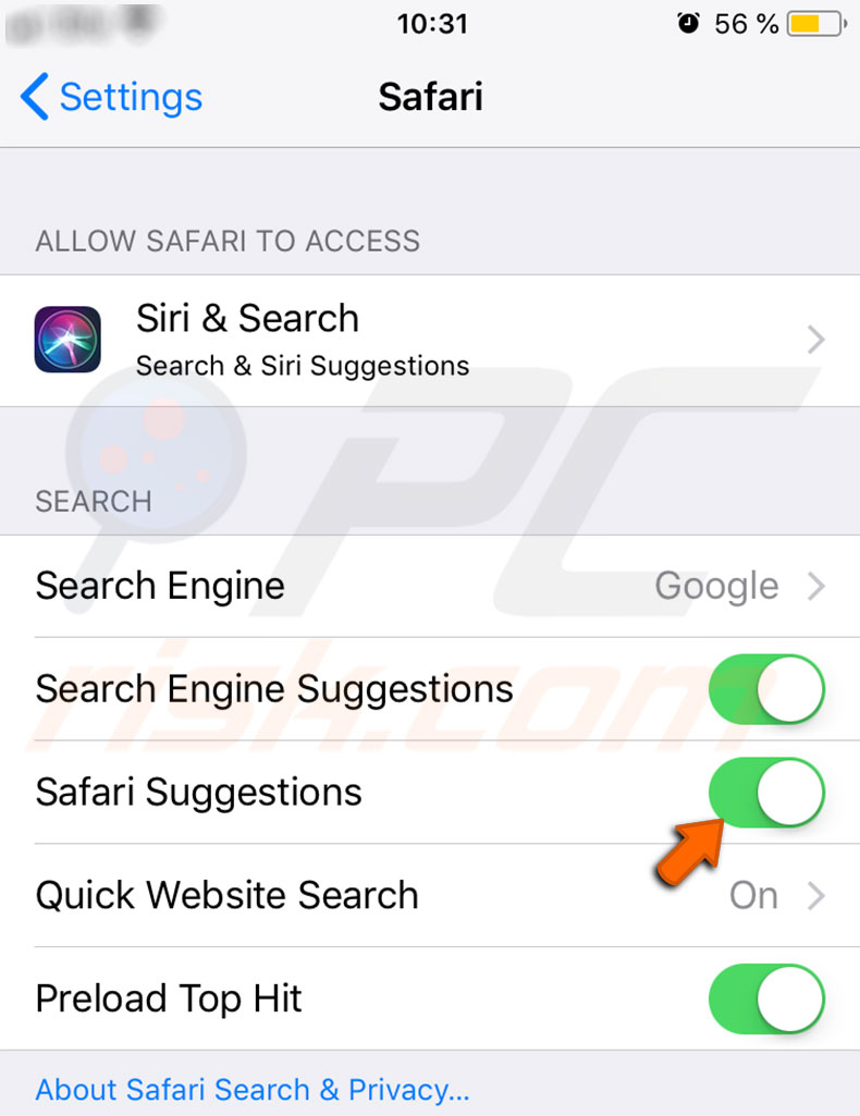 how to disable safari suggestions