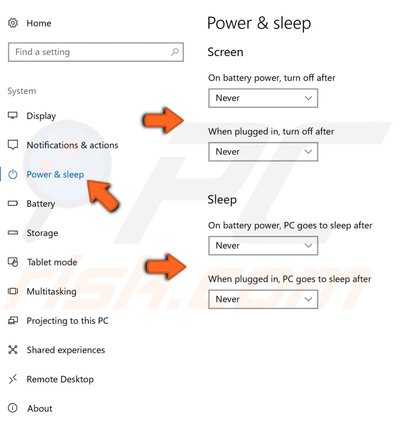 Select the Power & sleep panel and set Screen and Sleep settings to Never