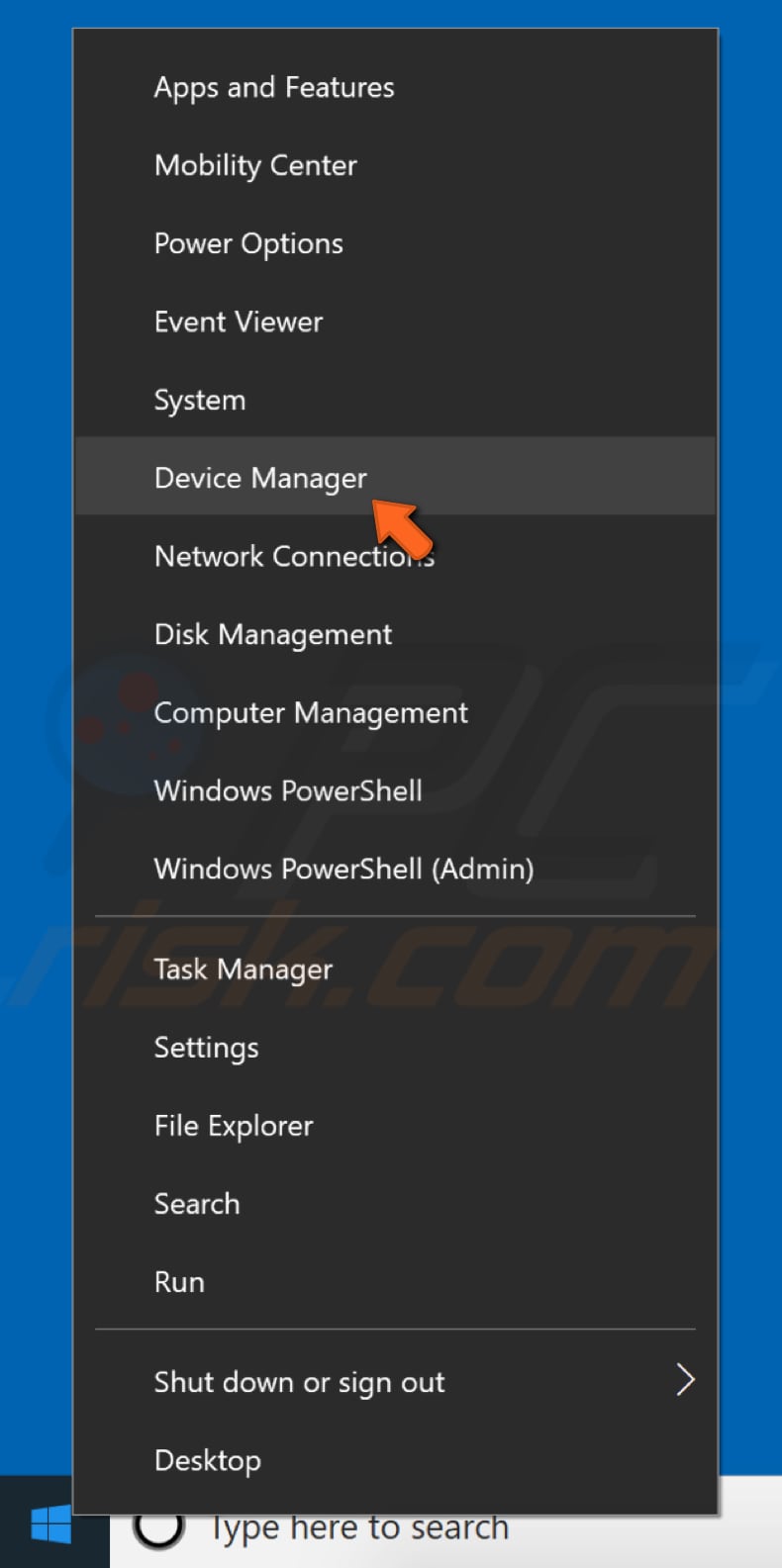 Right-click Start and select Device Manager