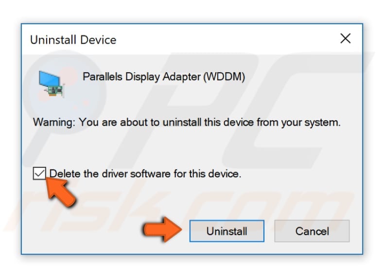 Mark the Delete the driver software for this device checkbox and click Uninstall