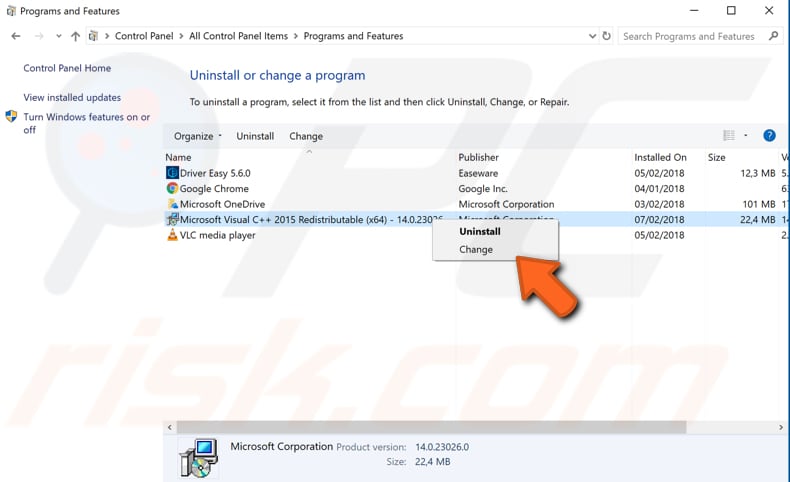 repair installed Microsoft Visual C++ Redistributable Package step 2