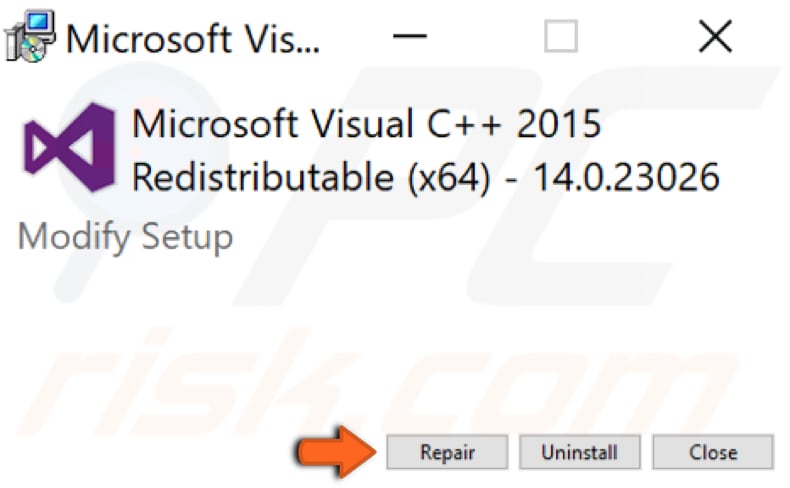 repair installed Microsoft Visual C++ Redistributable Package step 3