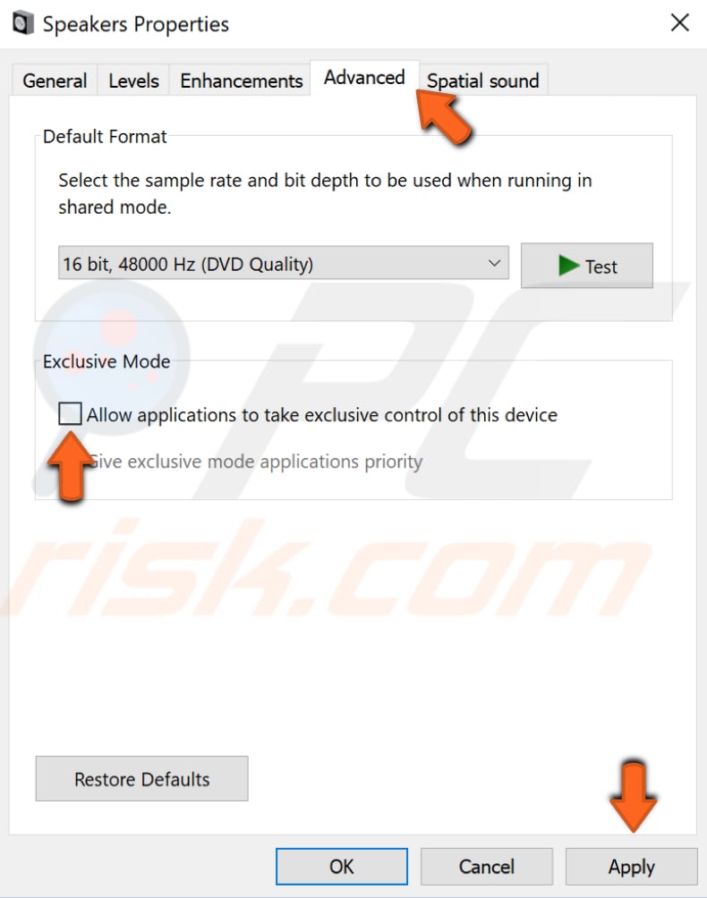 disable allow applications to take exclusive control of this device step 3