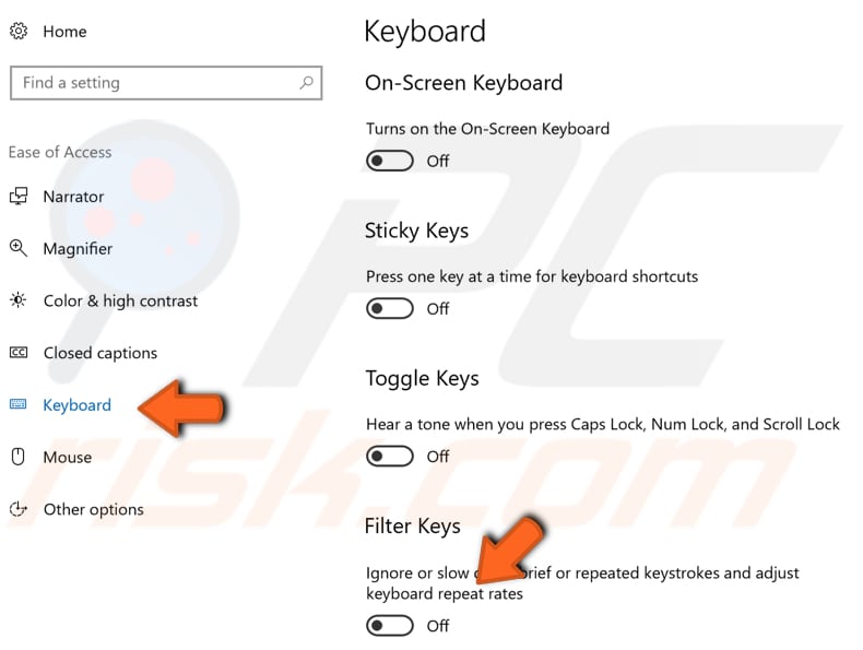 disabling filter keys step 2