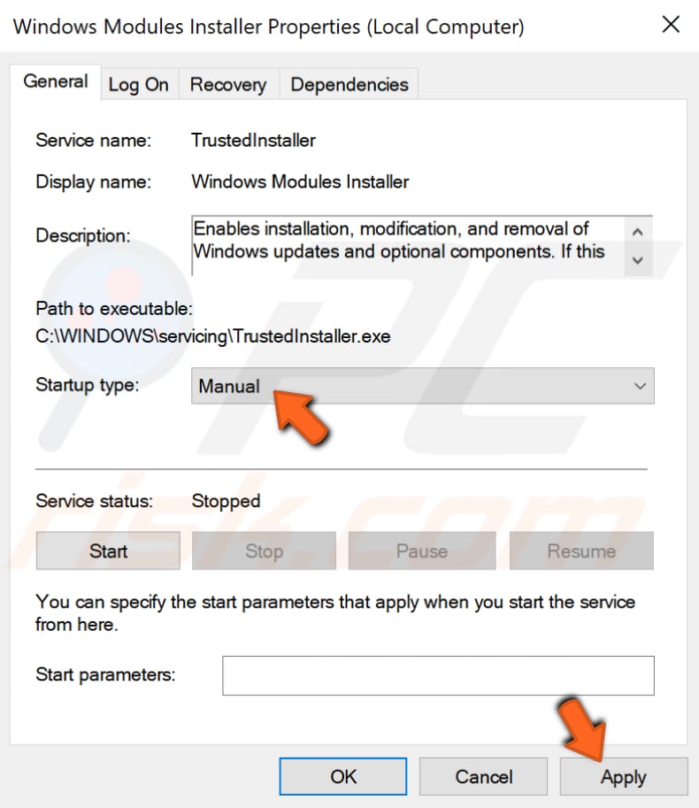 enable windows modules installer service step 4