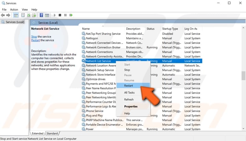 restart network list service
