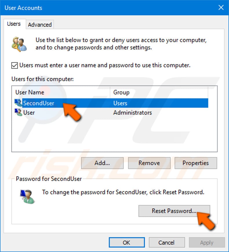 remove password of any local account in netplwiz step 1