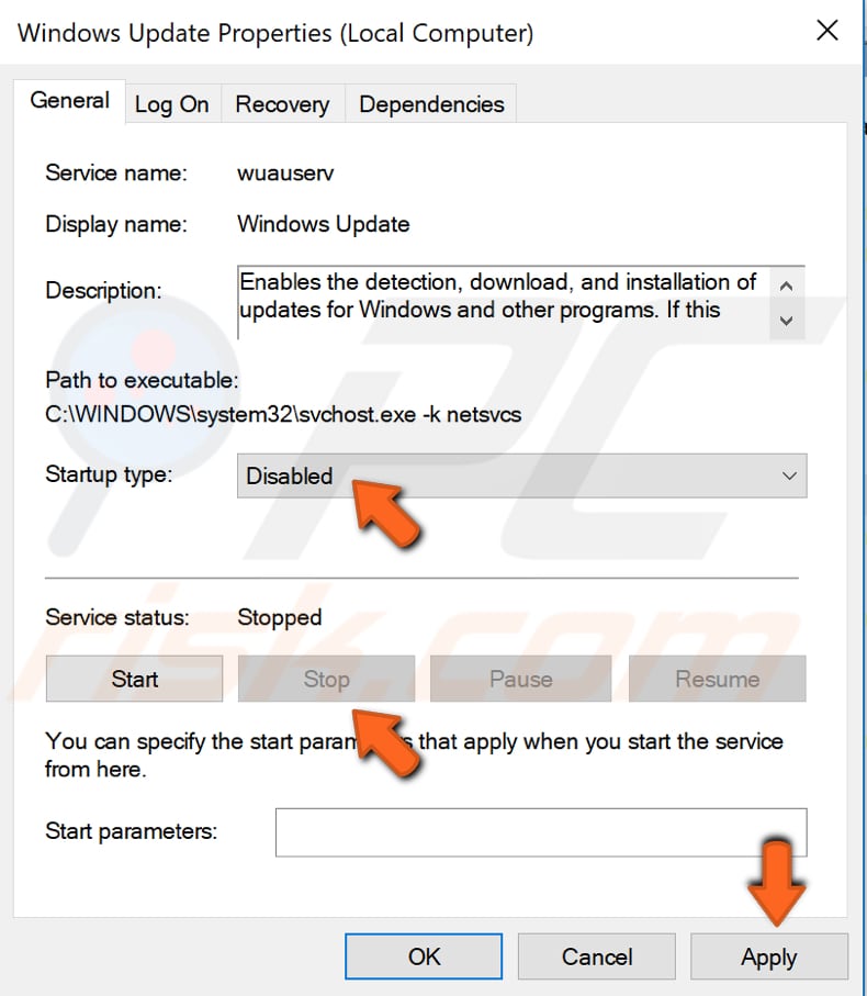 disable windows update service step 3