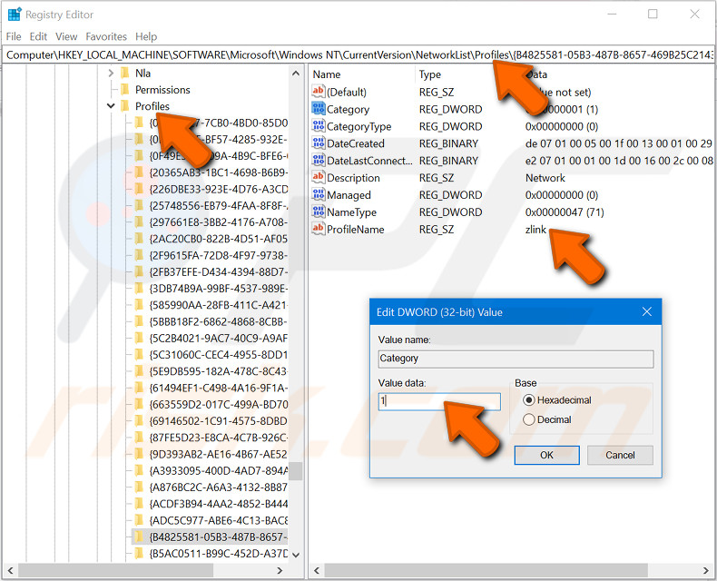 Change a Network Location editing Windows Registry