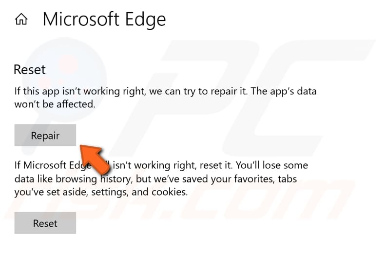 repair microsoft edge app step 2