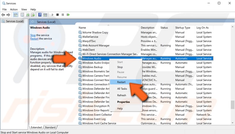 restart windows audio service step 2