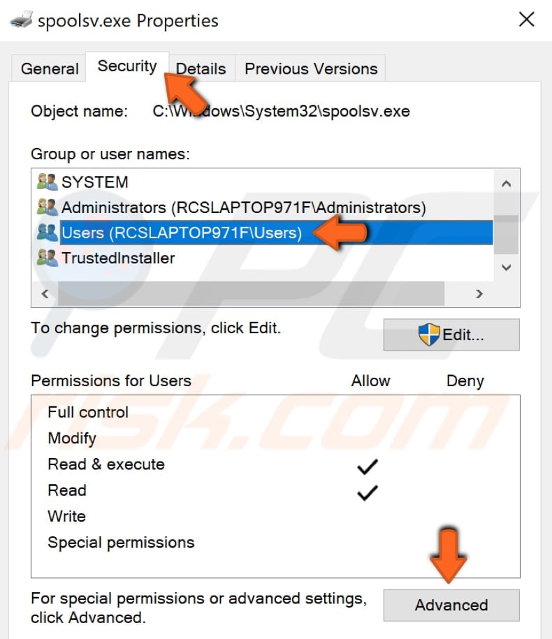 modificați setările avansate de securitate pentru spoolsv.exe pasul 2