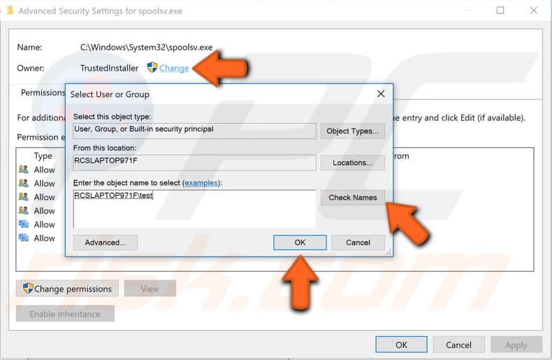 change advanced security settings for spoolsv.exe step 3