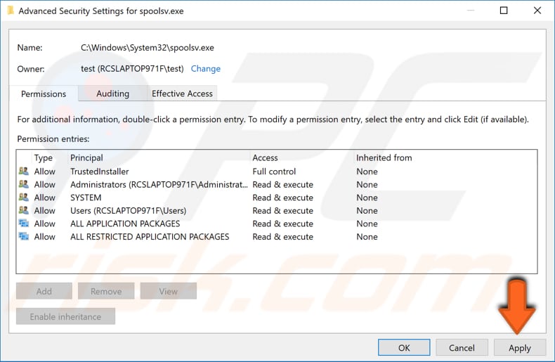 Ändern Sie die erweiterten Sicherheitseinstellungen für spoolsv.exe Schritt 4