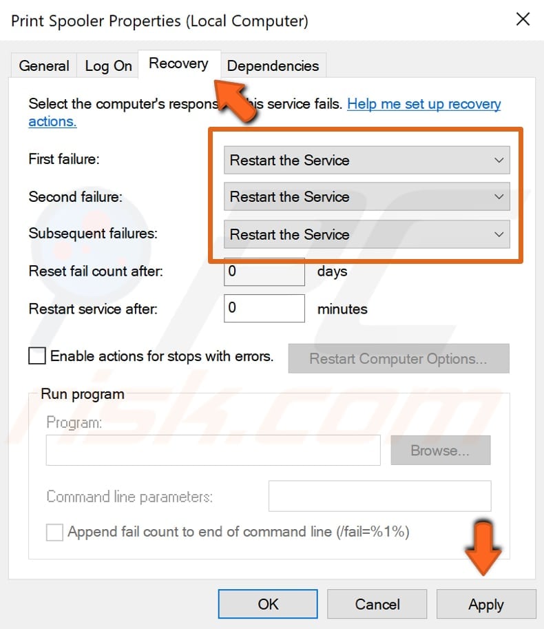 configurez les paramètres de récupération du spouleur d'impression