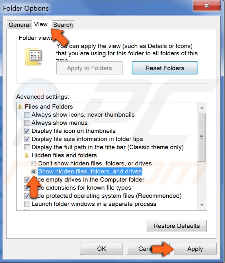 show hidden files in windows 7 step 3