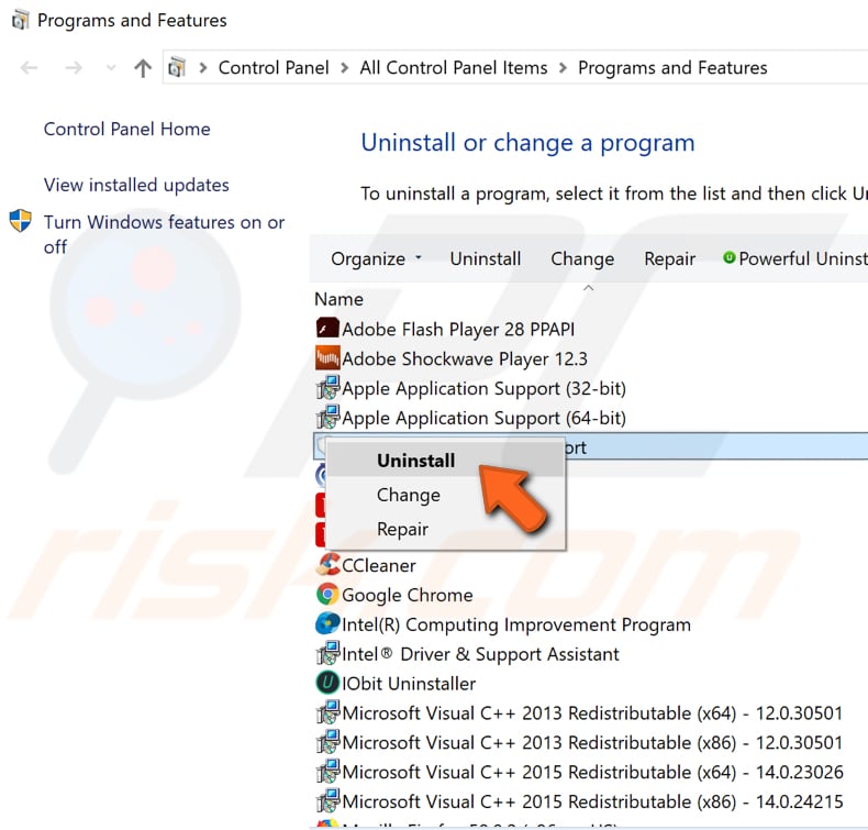 uninstall malicious software using windows application wizard step 3