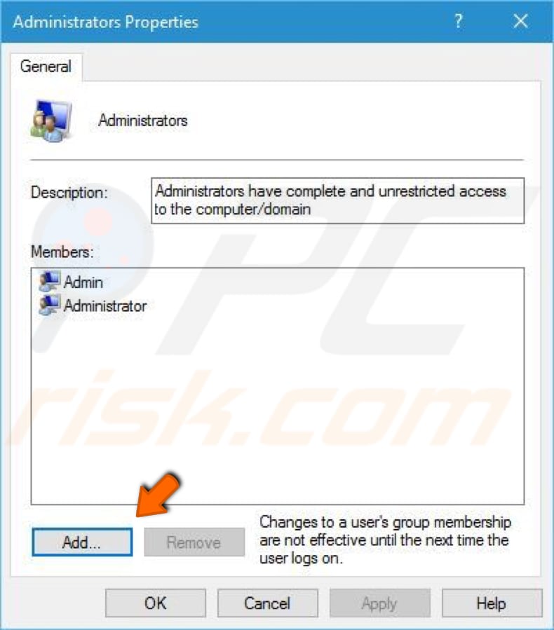 add your user account to the administrators group step 3