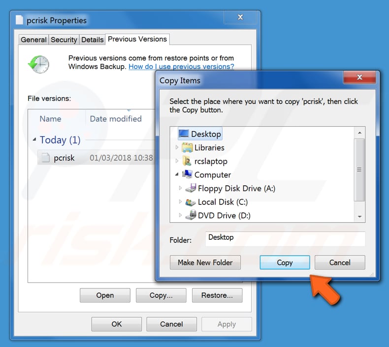 how to recover files and folders using previous versions step 3