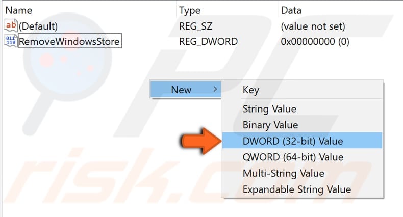 disable windows store using registry editor step 3