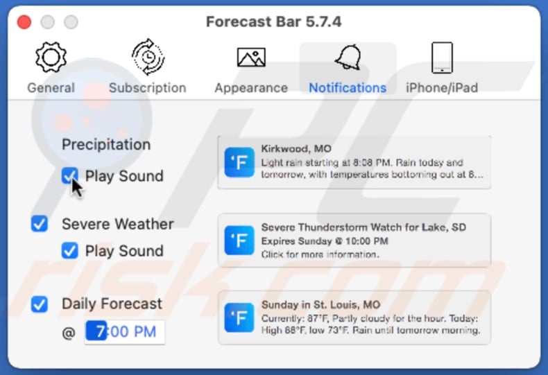 Manage notification settings in Forecast bar