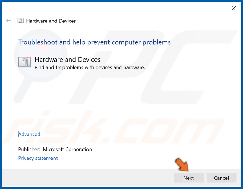Click Next to initiate the Hardware and Device troubleshooter