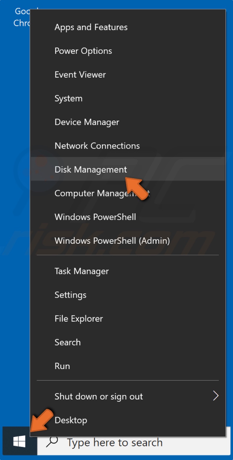 Right-click the Start Menu and click Disk Management