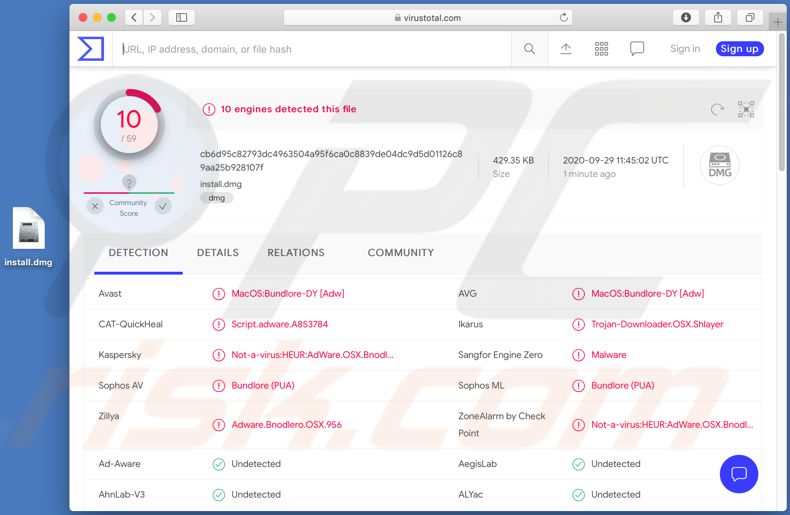 Detection names- of a combo cleaner crack in virus total sample 1