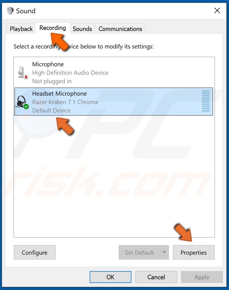 Select your microphone/headset and clikck Properties